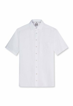 Weißes kurzärmeliges Hemd mit Knopfleiste, Kragen und Brusttasche, flach auf weißem Hintergrund dargestellt.