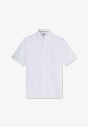 Chemise blanche à manches courtes avec boutons, col et poche poitrine avant, présentée à plat sur fond blanc.