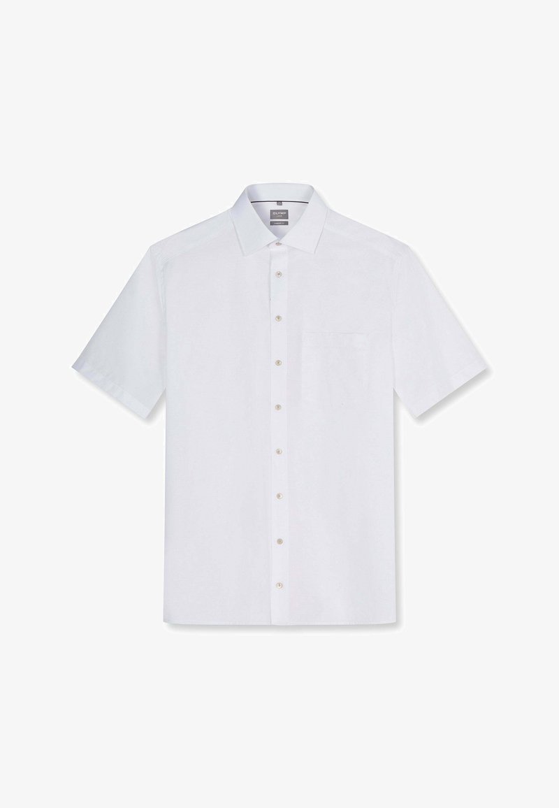 Chemise blanche à manches courtes avec boutons, col et poche poitrine avant, présentée à plat sur fond blanc.