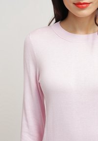 Maglione a maglia rosa chiaro con scollatura rotonda e maniche lunghe. Il tessuto appare morbido con una superficie liscia. Nessun motivo o accentuazione distintivi.