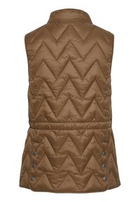 Barna steppelt mellény, gallérral, chevron mintával, elasztikus derékkal és oldalsó patent gombos részletekkel.