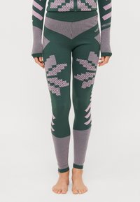 Grønne leggings med rosa geometriske mønstre og stripete detaljer. Laget av teksturert materiale, har en tettsittende design og ankelmanchetter.