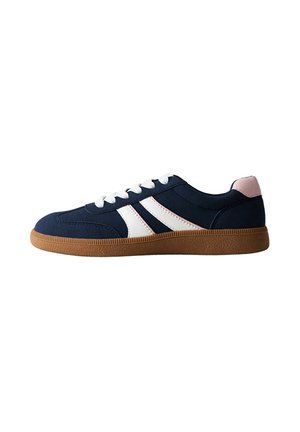 Navy blue sneaker with white stripes, pink heel tab, white laces, and brown rubber sole, shown in side profile on white background.