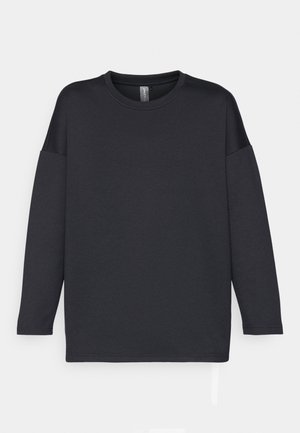 Black long-sleeve T-shirt made from soft fabric, featuring a round neckline and relaxed fit, with dropped shoulder seams and no patterns.
