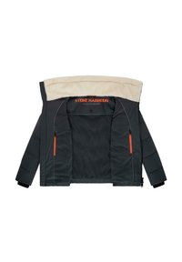Mörkgrå vadderad jacka med en krämfärgad fleece-fodrad huva, orange dragkedjeaccenter och en tryckt logotyp på insidan. Har svarta elastiska muddar.