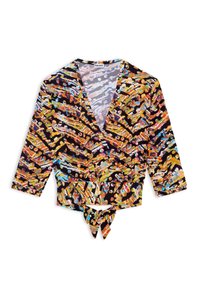 Flerfärgad omslagstopp med långa ärmar, prydd med abstrakta mönster i orange, blått och svart. Knyts i midjan med en knutdetalj.