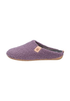Purple fleece slipper with a textured surface, round toe, cork outsole, and a small leather logo patch on the side.