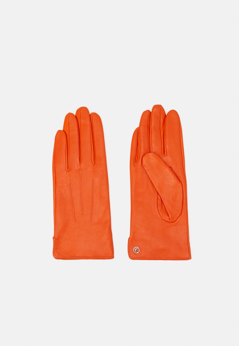 Lederhandschuhe in leuchtendem Orange, taillierte Passform mit fünf Fingern, versehen mit einer gestickten Akzentuierung auf der Rückseite und einem kleinen Logo-Patch.