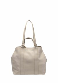 Sac fourre-tout en cuir beige texturé avec deux longues poignées et deux courtes, coutures verticales et logo de marque subtil au centre avant.