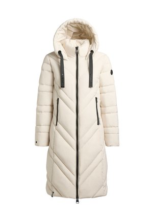 Lichtbeige gewatteerde jas met een capuchon, verticale chevron quilting, een rits aan de voorkant en zwarte accenten op de ritsen en de capuchon bandjes.