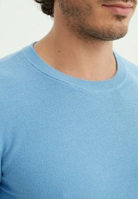 Pull en tricot bleu clair avec un col rond et un tissu texturé, présentant un design ajusté et des détails de couture minimalistes.