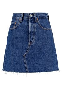 Blaue Jeans-Minirock mit Fronttaschen, Gürtelschlaufen, Knopfverschluss und ausgefranstem Saumdetail.