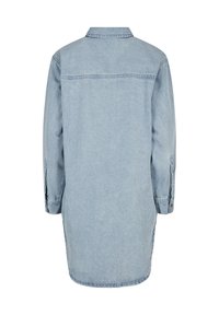 Long light blue denim shirt dress with long sleeves, buttoned cuffs, and stitched yoke detail across the upper back.