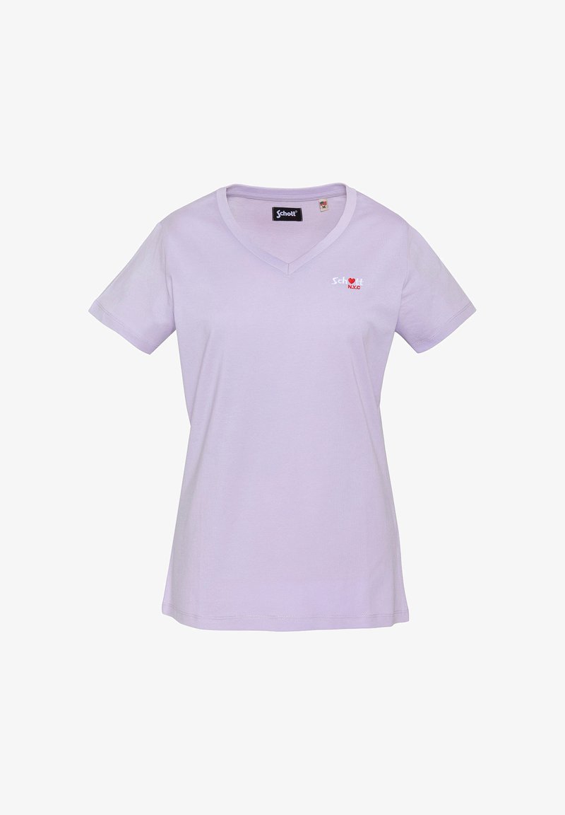 T-shirt lavanda con scollo a V e maniche corte con piccolo logo "Schott NYC" con un cuore rosso sulla parte superiore sinistra del petto.