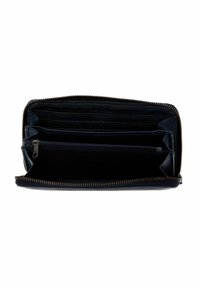 Portefeuille en cuir bleu marine, fermeture éclair tout autour, plusieurs emplacements pour cartes et compartiment zippé. Texture lisse avec doublure intérieure contrastante.