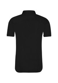 Zwarte polo met korte mouwen, een platte kraag, een gladde textuur en een rechte zoom. Bevat minimale stiksels en geen zichtbare merknaam.