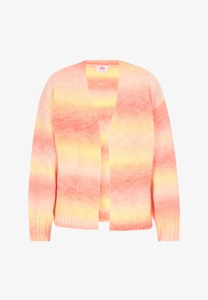 Letthvævet strikcardigan med gradient i rosa og gule nuancer, åben front, ribbede manchetter og en afslappet pasform.