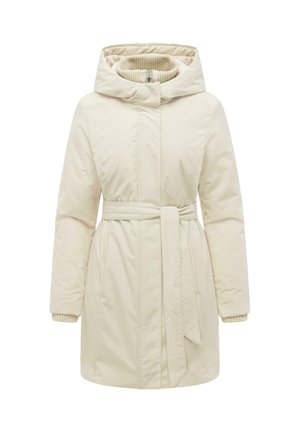 Manteau d’hiver long matelassé couleur crème avec capuche, taille ceinturée, poignets tricotés côtelés et col intérieur.