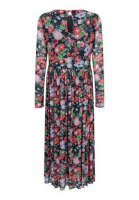 Robe midi à manches longues avec un fond noir et un imprimé floral dense en rouge, rose, violet et vert, dotée d'une fermeture au dos en forme d'œillet.