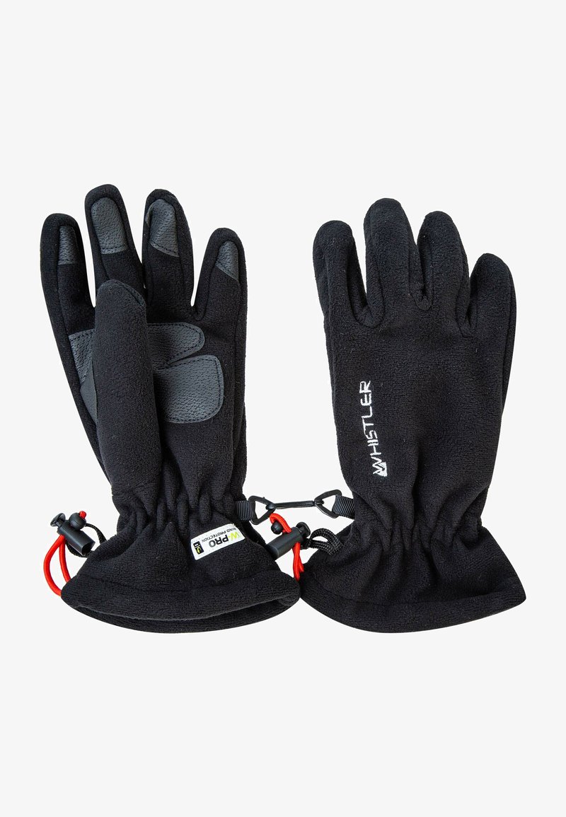 Schwarze Fleece-Handschuhe mit grauen Gummibesi chern an den Fingern. Verfügen über verstellbare Handgelenkabschlüsse mit roten Zugbändern für einen sicheren Sitz.