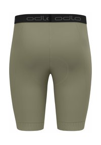 Olijfgroene fietsshorts gemaakt van glad materiaal met een zwarte Odlo tailleband, voorzien van geperforeerde accenten op de beenopeningen.