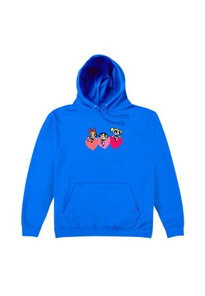 Niebieska bluza z kapturem wykonana z materiału z mieszanki bawełny, posiada przednią kieszeń i kaptur ze sznurkiem. Na klatce piersiowej znajdują się trzy postacie z kreskówek.