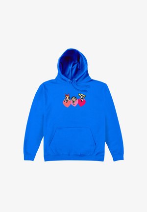 Niebieska bluza z kapturem wykonana z materiału z mieszanki bawełny, posiada przednią kieszeń i kaptur ze sznurkiem. Na klatce piersiowej znajdują się trzy postacie z kreskówek.