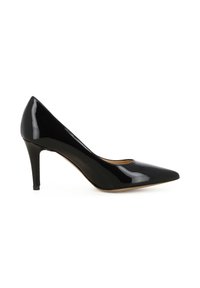Décolleté in vernice nera con punta affusolata e silhouette elegante, caratterizzato da un tacco a stiletto di 4 pollici e superficie liscia.