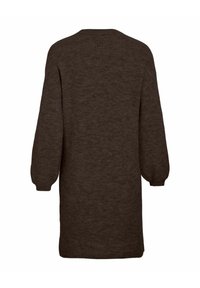 Rjava pletena obleka z dolgimi napihnjenimi rokavi in ohlapnim krojem. Tekstura deluje rebrasto, kar daje prijeten videz z okroglim izrezom.