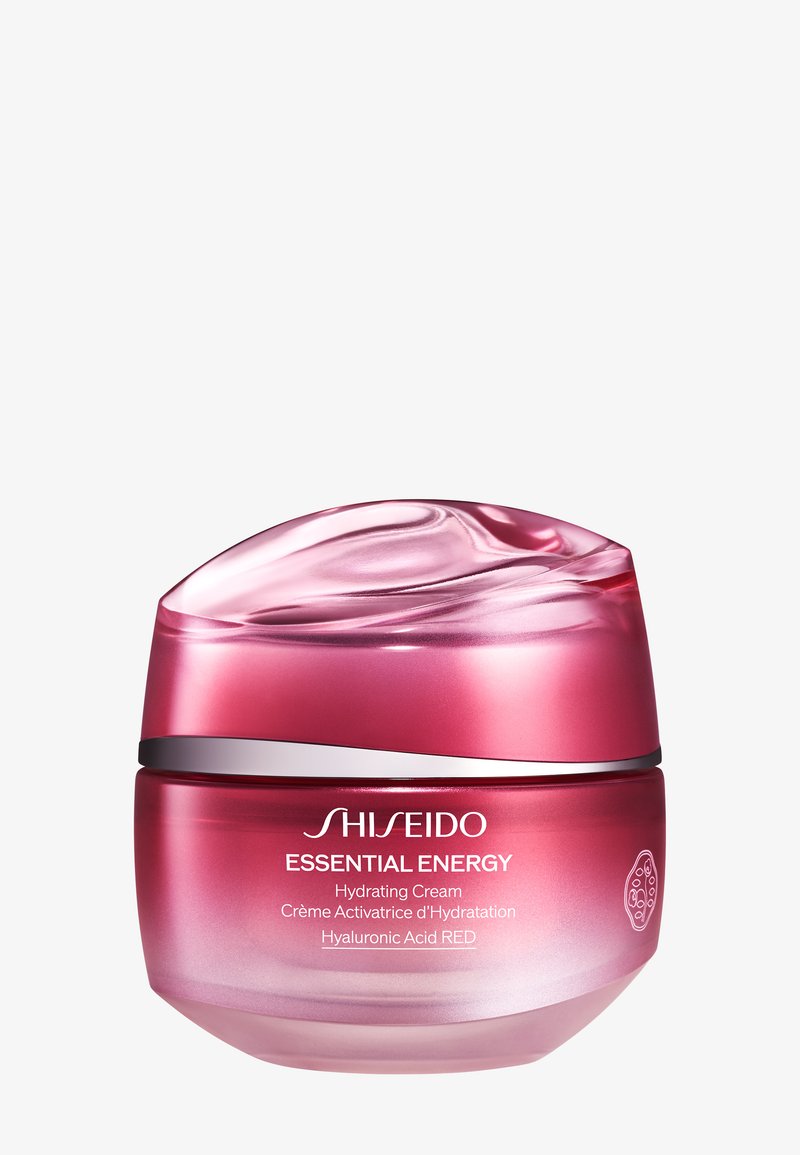 Słoik kremu nawilżającego Shiseido Essential Energy w różowym gradientowym opakowaniu z zakrzywioną pokrywką, oznaczony nazwą produktu i składnikiem kwasu hialuronowego.