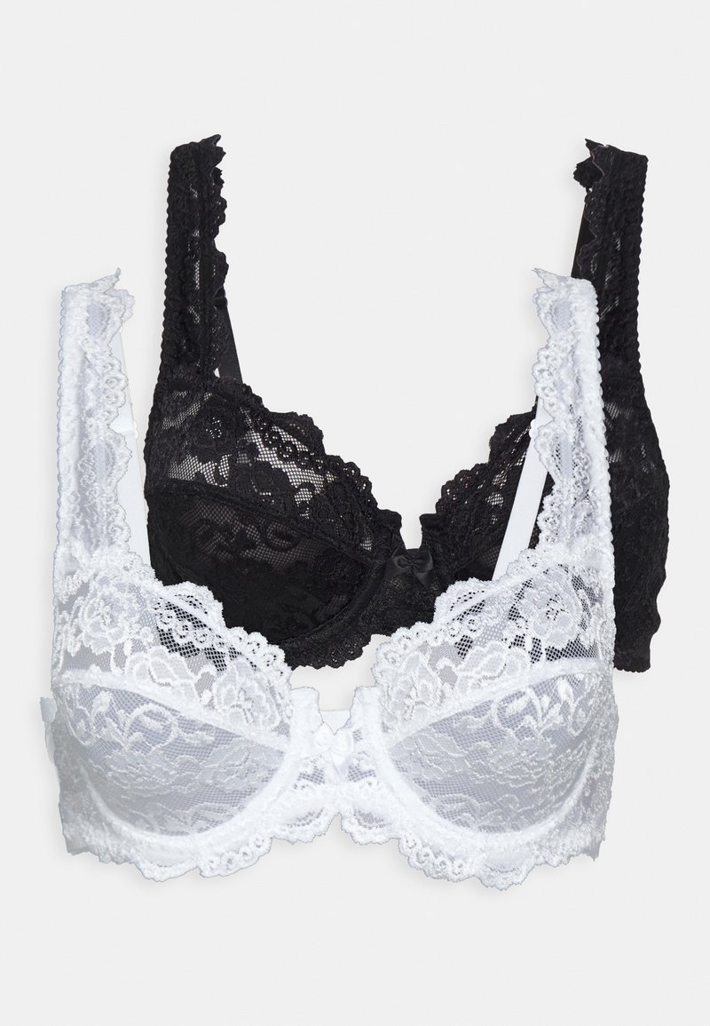 Two bras: one black and one white, both featuring lace material, scalloped edges, and decorative bows at the center.