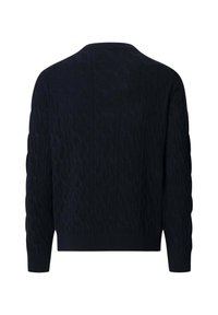 Maglione lavorato a maglia di un blu navy scuro con un motivo a cavo testurizzato, maniche lunghe e collo a rotondo. Polsini e orlo a coste.