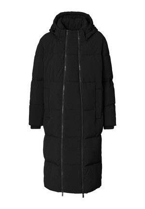 Lange zwarte gestikte winterjas met capuchon, twee verticale ritsen aan de voorkant en zijzakken, ontworpen voor volledige lichaamsbedekking.