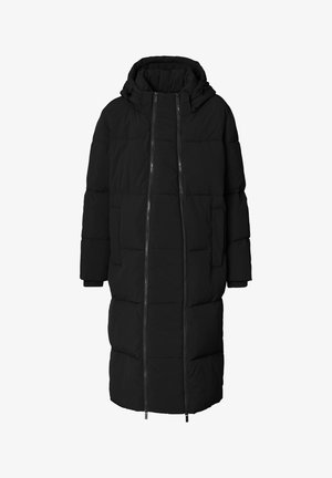 Lange zwarte gestikte winterjas met capuchon, twee verticale ritsen aan de voorkant en zijzakken, ontworpen voor volledige lichaamsbedekking.