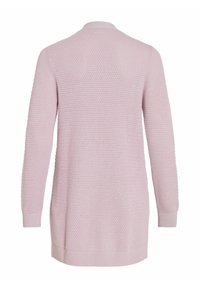 Cardigan lavorato a maglia rosa chiaro con un motivo testurizzato, maniche lunghe e polsini e orlo a costine, che offre una vestibilità morbida e dettagli di design sottili.