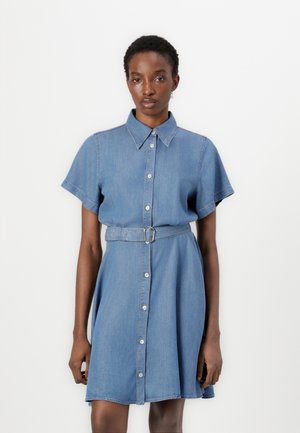 Denim shirt dress in light blue with a button-down front, short sleeves, and a matching belt. Features a classic collar and subtle stitching.
