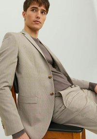 Giacca di suit a quadri beige chiaro con bottoni marroni, abbinata a una camicia grigia. Vestibilità su misura, texture liscia, indossata in modo casual mentre si è seduti.