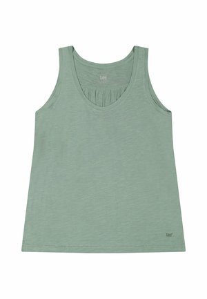 Ærmeløs lysegrøn tanktop med rund halsudskæring, rynkedetalje under kraven og lille "Lee"-logo nær bunden af kanten.