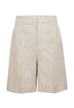 Beige hørshorts med høj talje, skræddersyet pasform og pressefolder på enkel hvid baggrund.