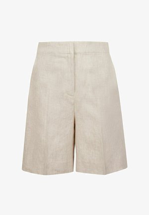Beige Leinen-Shorts mit hoher Taille, tailliertem Schnitt und Bügelfalte auf schlichtem weißem Hintergrund.