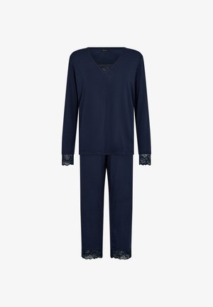 Mørkeblå pyjamasset med lange ærmer og blonde detaljer ved ærmekanter og buksekanter. V-hals design i blødt, strækbart stof.
