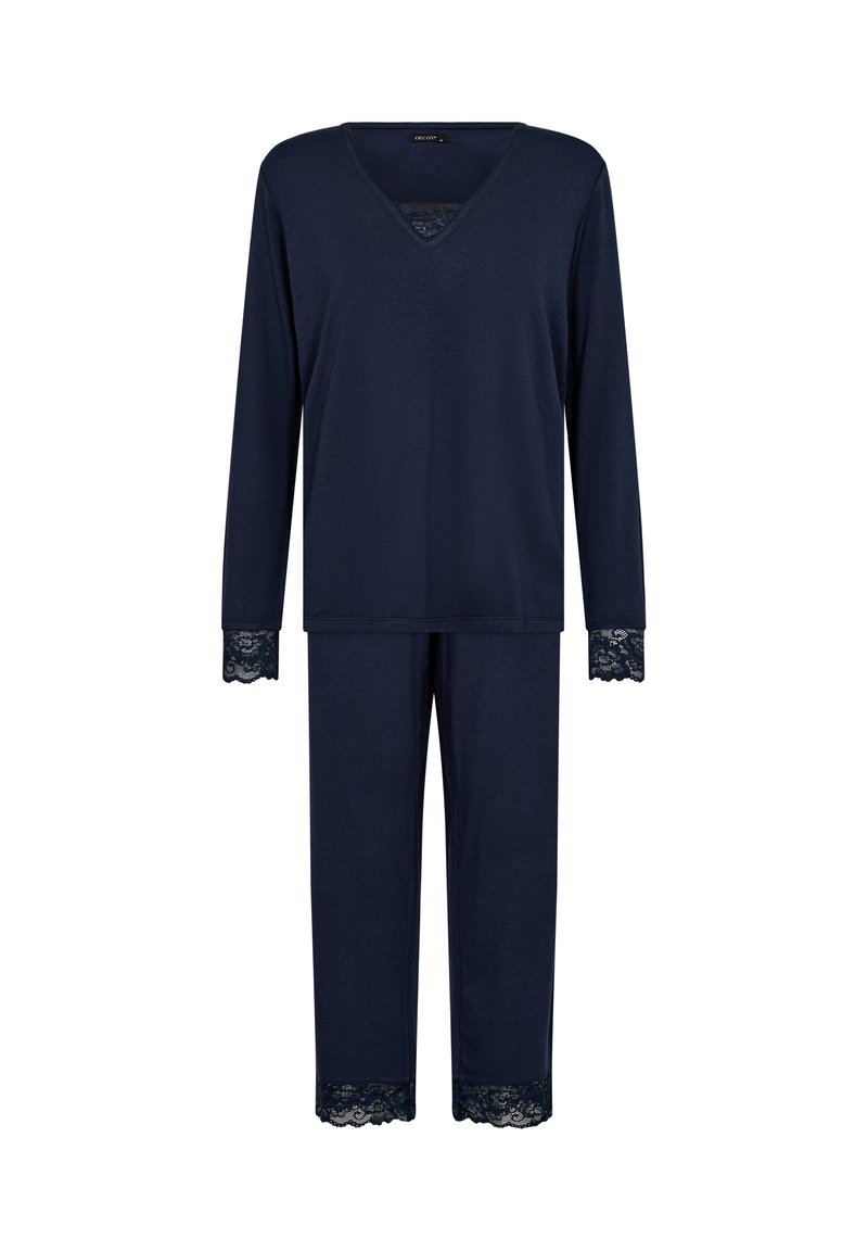 Navy blue pajama set with long sleeves and lace accents at cuffs and pant hems. V-neck design in soft, stretchy fabric.