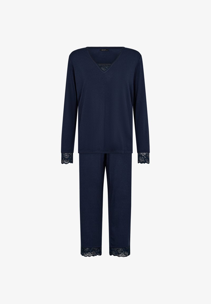 Navy blue pajama set with long sleeves and lace accents at cuffs and pant hems. V-neck design in soft, stretchy fabric.