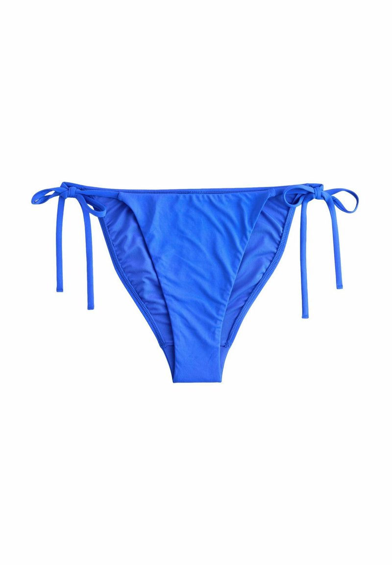 Blå bikiniunderdel gjord av en slät material. Har justerbara sidoknytningar och en klassisk skärning. Inga mönster eller detaljer.