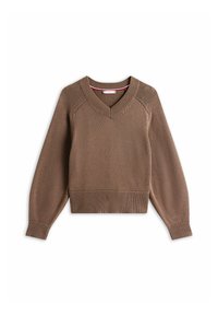 Brązowy sweter dziergany z dekoltem w serek, ściągaczami na rękawach i u dołu. Posiada raglanowe rękawy oraz teksturowany splot. Jednolity kolor, minimalne detale.