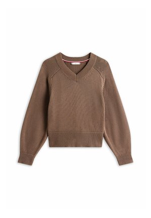 Bruine gebreide trui met een V-hals, geribde manchetten en zoom. Heeft raglanmouwen en een gestructureerde weefstructuur. Effen kleur, minimale details.