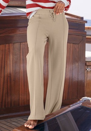 Beige Jogginghose mit elastischem Bund, Kordelzugdetails und langen, geraden Beinen. Weicher Stoff mit genähten Seitennähten.