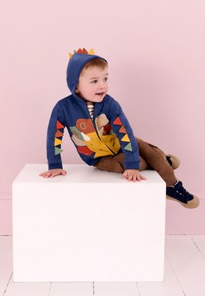 Ovis kék dinoszaurusz mintás kapucnis pulcsiban, színes tüskékkel, barna nadrágban és tornacipőben, fehér kockán ül rózsaszín háttér előtt.