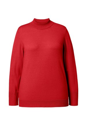 Punainen merinovillaneule kauluksella, pitkähihainen, neulottu materiaali. Varustettu ribbauskauluksella ja -hihoilla, sileä pinta ja tasainen väri.
