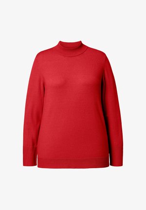 Maglione rosso a collo alto con maniche lunghe, realizzato in materiale lavorato a maglia. Presenta un colletto e dei polsini a coste, una texture liscia e un colore uniforme.